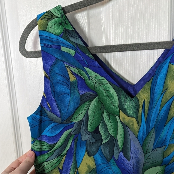 Maggy London 100% Silk Blue and Green Tropical Leaf Vintage Midi Dress Size 6 - Picture 4 of 5